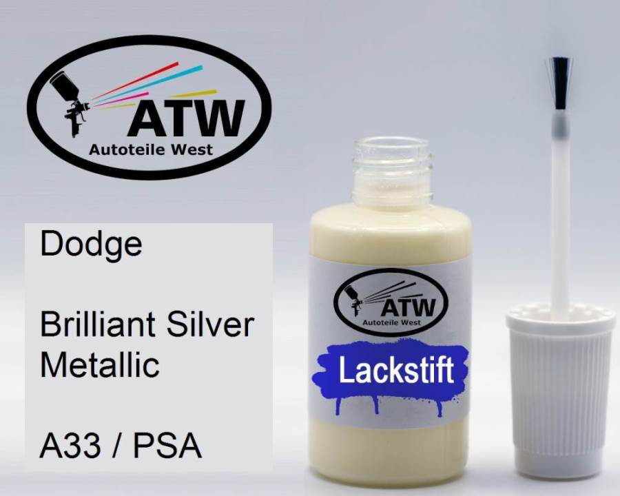 Dodge, Brilliant Silver Metallic, A33 / PSA: 20ml Lackstift, von ATW Autoteile West.